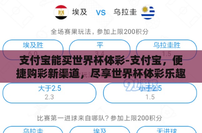 支付宝能买世界杯体彩-支付宝,便捷购彩新渠道,尽享世界杯体彩乐趣 支付宝能买世界杯体彩-支付宝,便捷购彩新渠道,尽享世界杯体彩乐趣