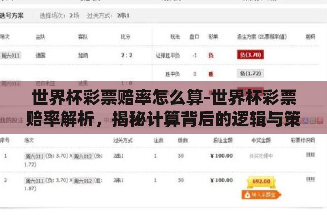 世界杯彩票赔率怎么算-世界杯彩票赔率解析,揭秘计算背后的逻辑与策略 世界杯彩票赔率怎么算-世界杯彩票赔率解析,揭秘计算背后的逻辑与策略